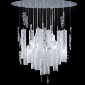 Exceptional Euroluce Iceberg suspension lamp crafted in ice white glass with a dynamic arrangement of satin and transparent cylinders