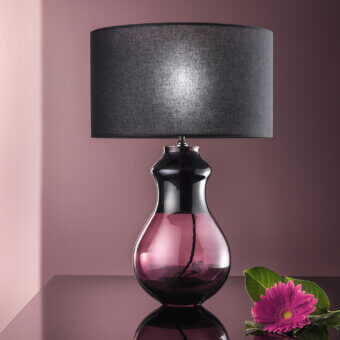 Refined Euroluce Infinity LG1 table lamp with sculpted glass and dark gray textile lampshade in black nickel to translucent magenta finish
