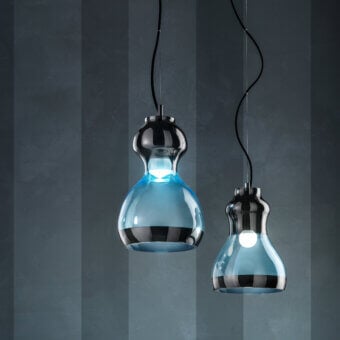 Stunning Euroluce Infinity S1 suspension lamp crafted in luminous aquamarine glass with a refined black nickel finish