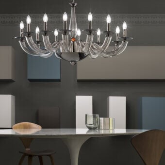 Distinguished Euroluce Olympia chandelier crafted in Italy with black nickel finish, warm brown hue and viridian crystal sphere
