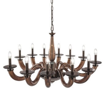 Exquisite Euroluce Olympia chandelier handcrafted in Italy with warm brown finish, viridian crystal and glass