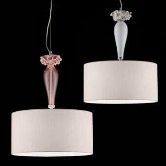Refined Euroluce Bora S1 Shade suspension lamp in ivory wrinkled fabric and PVC with sculpted porcelain details