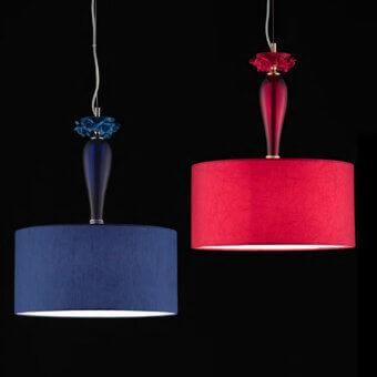 Distinguished Euroluce Bora S1 Shade suspension lamp with wrinkled red fabric and sculpted Capodimonte porcelain components