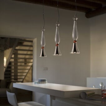 Distinguished Euroluce Olympia S1 suspension lamp crafted in glass and black nickel with a faceted topaz-colored crystal sphere