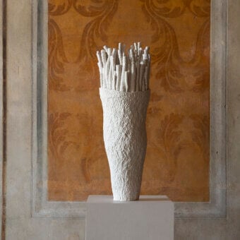 Distinguished FOS Ceramiche Akanthos vase crafted in white biscuit porcelain with a subtly textured matte finish