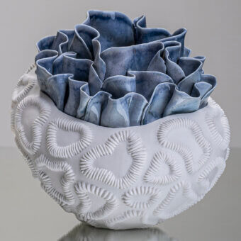 Exceptional FOS Ceramiche Antholia Blue vase crafted in white biscuit porcelain with layered ruffled petals and matte finish