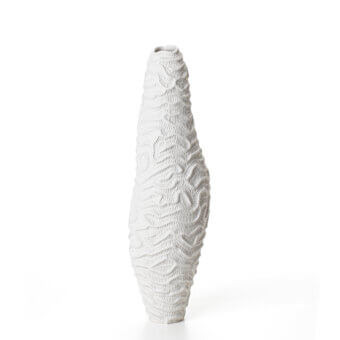 Exceptional FOS Ceramiche Menhir vase crafted in white biscuit porcelain with a hypnotic, undulating maze texture