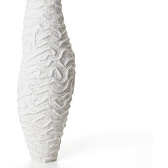 Exceptional FOS Ceramiche Menhir vase crafted in pure white biscuit porcelain with a vertically-ridged texture and ovoid silhouette