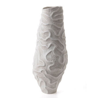 Captivating FOS Ceramiche Monolite vase crafted in white biscuit porcelain with a heavily textured, organically curved silhouette