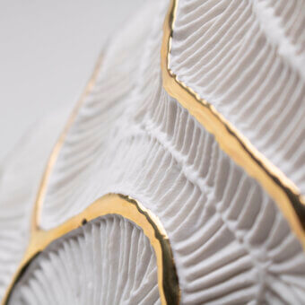 Exceptional FOS Ceramiche Monolite vase crafted in biscuit porcelain with delicate 23K gold lines and matte finish