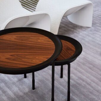 Superior Giorgetti Athene side table crafted with polished maple, radiant Pau Ferro insert, and glazed bronzed metal legs