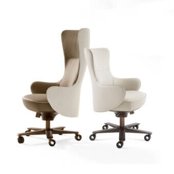 Elegant Giorgetti Genius armchair with profiled steel backrest and light beige textile upholstery, built with a natural-effect bronze revolving base