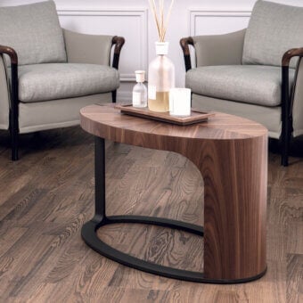 Elegant Giorgetti Ling side table with organically curved form in Canaletto walnut veneer and bronze-painted metal frame