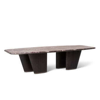 Distinguished Giorgetti Mistral table with rectangular marble top and tapered veneered ash wood legs built with a lacquered titanium plinth