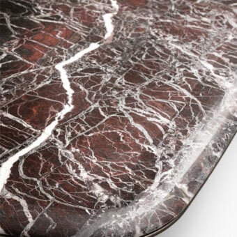 Distinguished Giorgetti Mistral table with reddish-brown and white veined marble, lacquered titanium, and veneered ash wood legs
