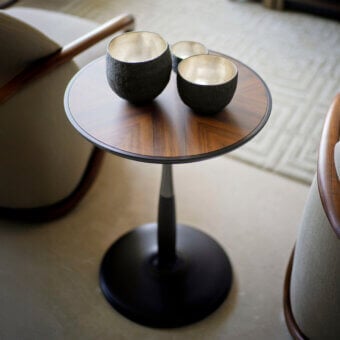 Superior Giorgetti Oti side table with polished maple wood tabletop and satin-finished nickel-plated aluminum base