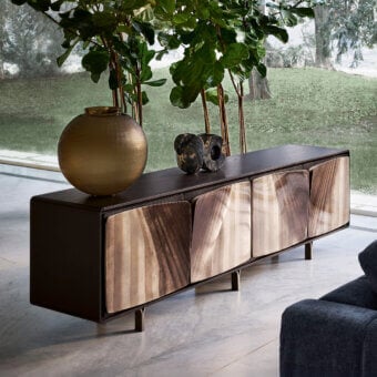 Distinguished Giorgetti Scirocco sideboard with anthracite grey ash wood and unique decorative birch plywood doors finished in epoxy resin