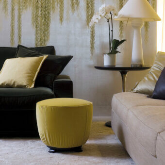 Superior Giorgetti Topaze ottoman in vibrant yellow textile upholstery with polished beech feet