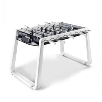 Distinguished Impatia Derby Canvas foosball table with lacquered white frame and chrome details in a bronzed playing surface