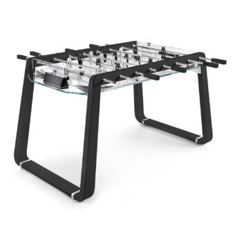 Superior Impatia Derby Canvas foosball table with lacquered dark frame and clear glass playing surface crafted in chrome accents