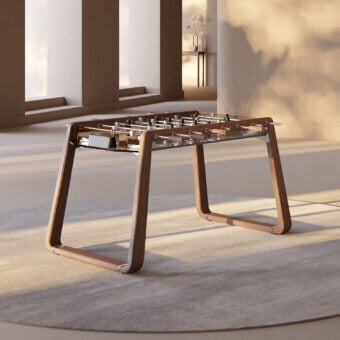 Distinguished Impatia Derby wood foosball table with transparent glass playing field and warm medium-toned brown finish