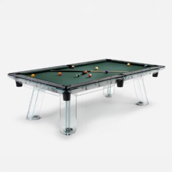 Superior Impatia Filotto pool table with clear frame, dark green textile playing surface and Italian slate base