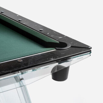 Distinguished Impatia Filotto pool table with polished Italian marble border, deep green playing surface and transparent glass legs