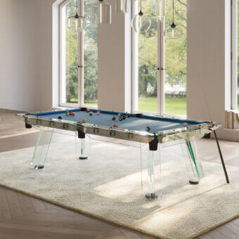 Distinguished Impatia Filotto pool table with blue Simonis cloth, silver metal frame and transparent glass legs crafted in Italian slate