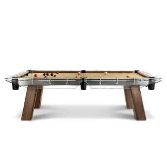 Distinguished Impatia Filotto Wood pool table with walnut legs and a transparent crystal frame built with a satin sheen