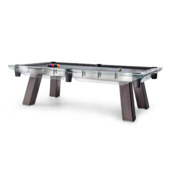 Distinguished Impatia Filotto Wood pool table with walnut legs, transparent crystal rail and dark blue Simonis cloth playing field in satin metallic finish
