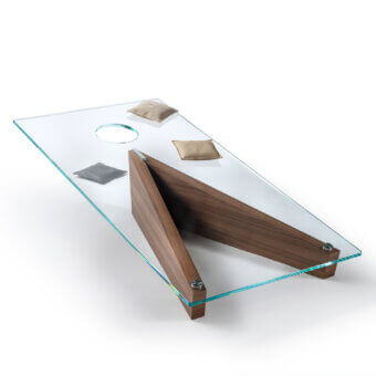 Distinctive Impatia Lancio wood cornhole with a clear glass plate and walnut wood base crafted with Alcantara® and leather bags