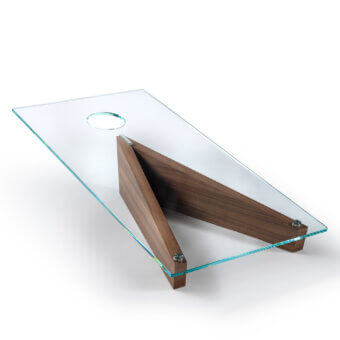 Meticulous Impatia Lancio wood cornhole crafted with transparent glass and walnut, featuring durable Alcantara® and leather bags