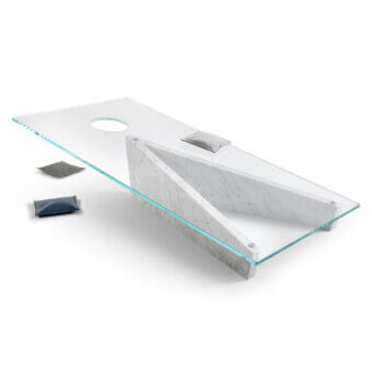 Exceptional Impatia Lancio cornhole with a smooth marble base and glossy glass playing surface in white-gray tones, including handcrafted bags