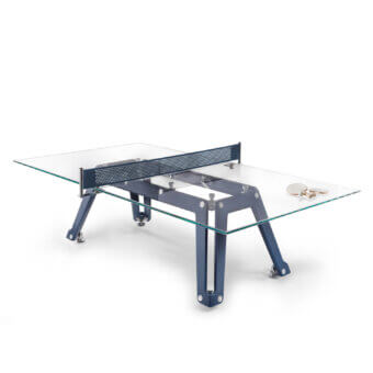 Distinguished Impatia Lungolinea table tennis table with Italian leather and transparent glass playing surface in glossy finish