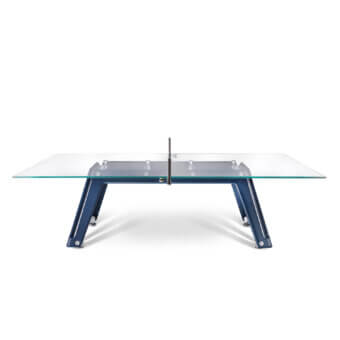 Exceptional Impatia Lungolinea table tennis table with Italian leather and transparent glass playing surface in a sleek design