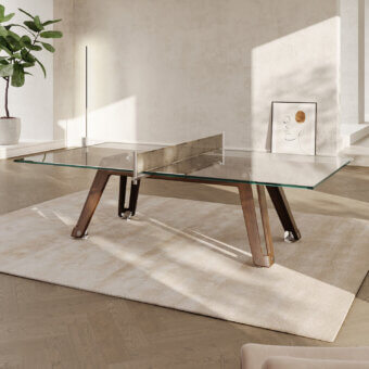Distinguished Impatia Lungolinea table tennis table with walnut base and crystal game surface crafted in Italy