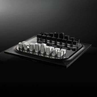 Distinguished Impatia Mossa chess/checkers table crafted with wood, leather, glass, and metals in a glossy black finish