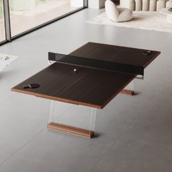 Exceptional Impatia Scambio table crafted in fine walnut and rosewood with transparent glass legs and a dark brown satin finish