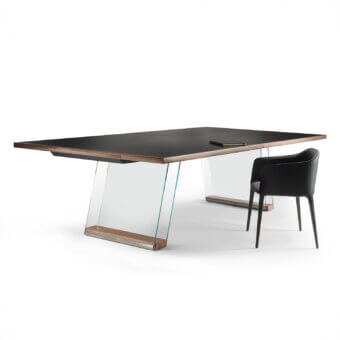 Lavish Impatia Scambio table blends walnut and rosewood with transparent glass legs, crafted for versatile use with leather-lined drawers