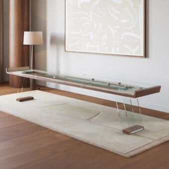 Distinguished Impatia Scivolo Wood shuffleboard crafted in wood with a dark oak finish and a smooth satin surface protected by clear glass