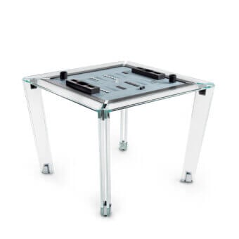 Superior Impatia Tuttuno backgammon table crafted with crystal glass and chrome, showcasing light blue Alcantara leather with a premium leather frame