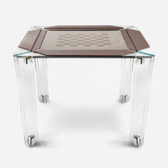 Superior Impatia Tuttuno chess/checkers table with low-iron glass structure and neutral brown Alcantara playing surface