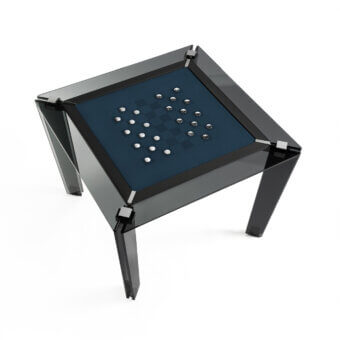 Elegant Impatia Tuttuno chess/checkers table with a dark high-gloss finish and plush dark blue Alcantara playing surface