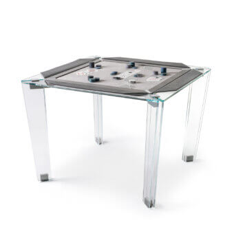 Exceptional Impatia Tuttuno multi-game table with low-iron glass structure and soft gray Alcantara® playing surface framed in durable leather