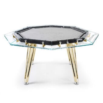 Captivating Impatia Unootto poker table with clear glass structure and gold-toned metal legs crafted in Alcantara®