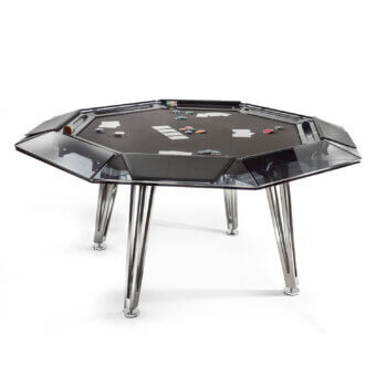 Lavish Impatia Unootto poker table with Italian marble, low-iron glass and plush Alcantara playing surface in contrasting black and silver tones