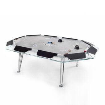 Exceptional Impatia Unootto poker table with a glass surface, walnut wood legs and metallic supports for ten players