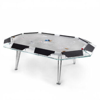 Superior Impatia Unootto poker table with a polished light gray marble tabletop and recessed black felt stations