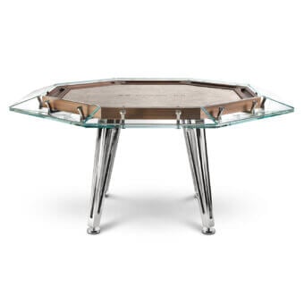 Distinguished Impatia Unootto poker table crafted with wood and clear glass, supported by chrome-finished metal with a satin finish