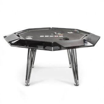 Distinguished Impatia Unootto poker table crafted with dark glossy wood, transparent glass and brilliant chrome metalwork with Alcantara cushions